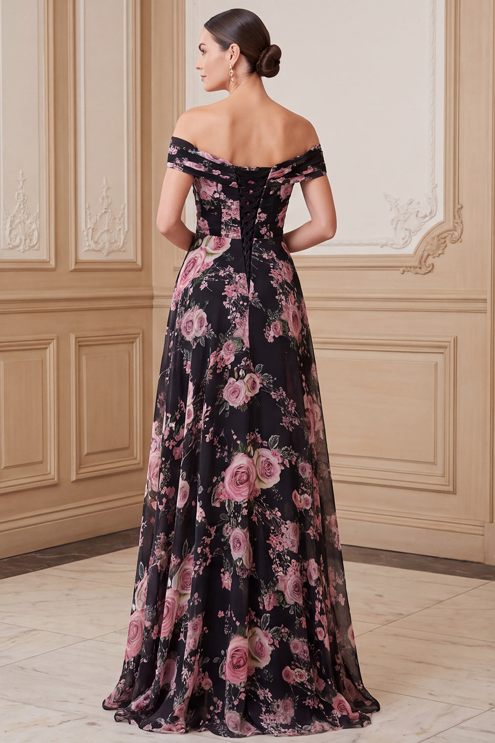 Black Pink Flower A-Line Chiffon Ruched Long Mother of the Bride Dress