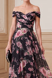 Black Pink Flower A-Line Chiffon Ruched Long Mother of the Bride Dress