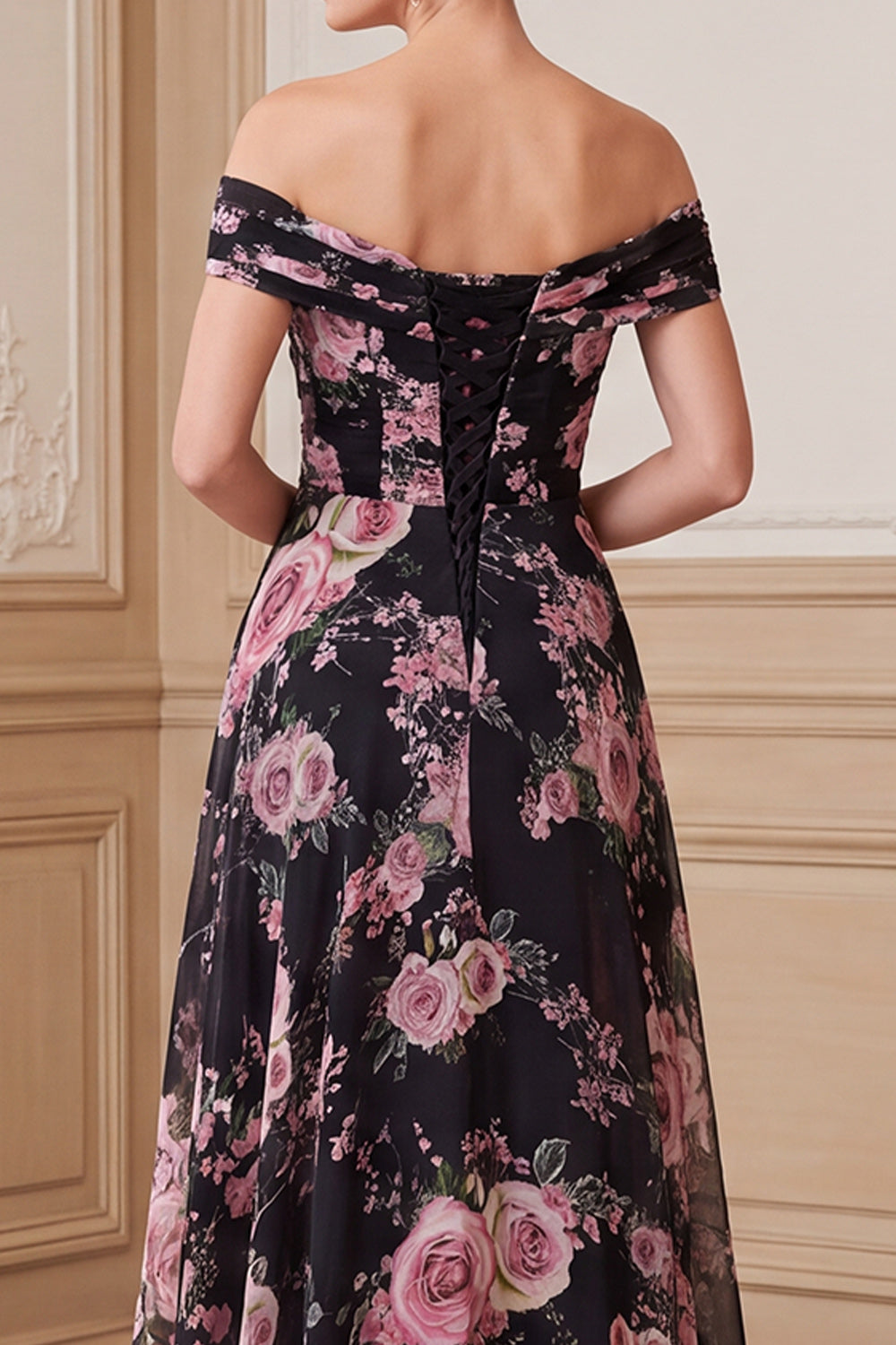 Black Pink Flower A-Line Chiffon Ruched Long Mother of the Bride Dress