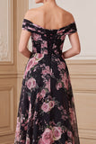 Black Pink Flower A-Line Chiffon Ruched Long Mother of the Bride Dress