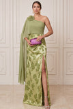 Green Satin Floral Sheath One Shoulder Long Mother of the Bride Dress with Slit