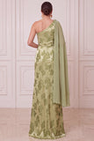 Green Satin Floral Sheath One Shoulder Long Mother of the Bride Dress with Slit