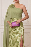 Green Satin Floral Sheath One Shoulder Long Mother of the Bride Dress with Slit