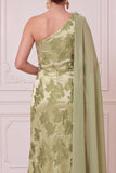 Green Satin Floral Sheath One Shoulder Long Mother of the Bride Dress with Slit