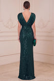 Sparkly Dark Green Mermaid Ruched Sequin Long Mother of the Bride Dress
