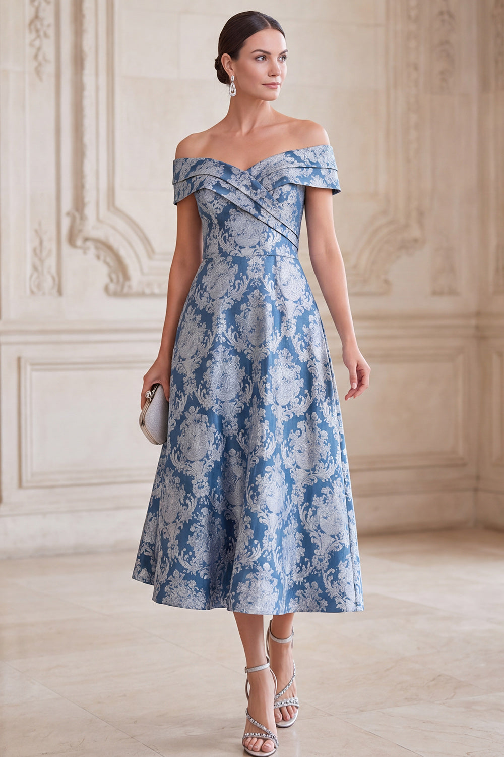 Grey Blue Floral A-Line Off the Shoulder Ruched Midi Mother of the Bride Dress