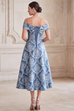 Grey Blue Floral A-Line Off the Shoulder Ruched Midi Mother of the Bride Dress