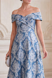 Grey Blue Floral A-Line Off the Shoulder Ruched Midi Mother of the Bride Dress