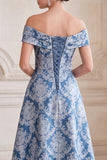 Grey Blue Floral A-Line Off the Shoulder Ruched Midi Mother of the Bride Dress