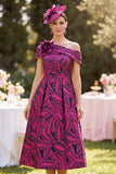 Fuchsia A-Line Ruched Jacquard Midi Mother of the Bride Dress with 3D Flower
