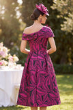 Fuchsia A-Line Ruched Jacquard Midi Mother of the Bride Dress with 3D Flower