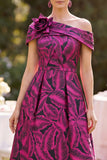 Fuchsia A-Line Ruched Jacquard Midi Mother of the Bride Dress with 3D Flower