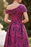 Fuchsia A-Line Ruched Jacquard Midi Mother of the Bride Dress with 3D Flower