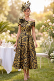 Fuchsia A-Line Ruched Jacquard Midi Mother of the Bride Dress with 3D Flower
