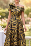 Fuchsia A-Line Ruched Jacquard Midi Mother of the Bride Dress with 3D Flower