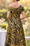 Fuchsia A-Line Ruched Jacquard Midi Mother of the Bride Dress with 3D Flower