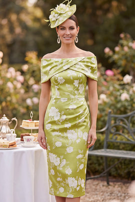 Green Bodycon Ruched Satin Floral Midi Mother of the Bride Dress with Slit