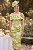 Green Bodycon Ruched Satin Floral Midi Mother of the Bride Dress with Slit