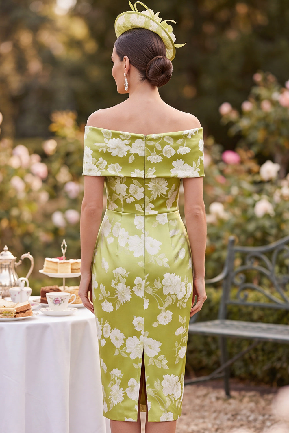 Green Bodycon Ruched Satin Floral Midi Mother of the Bride Dress with Slit