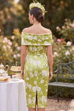 Green Bodycon Ruched Satin Floral Midi Mother of the Bride Dress with Slit