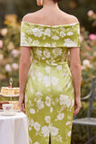 Green Bodycon Ruched Satin Floral Midi Mother of the Bride Dress with Slit