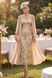 Sparkly Champagne 2-Piece Chiffon Sweetheart Floral Midi Mother of the Bride Dress