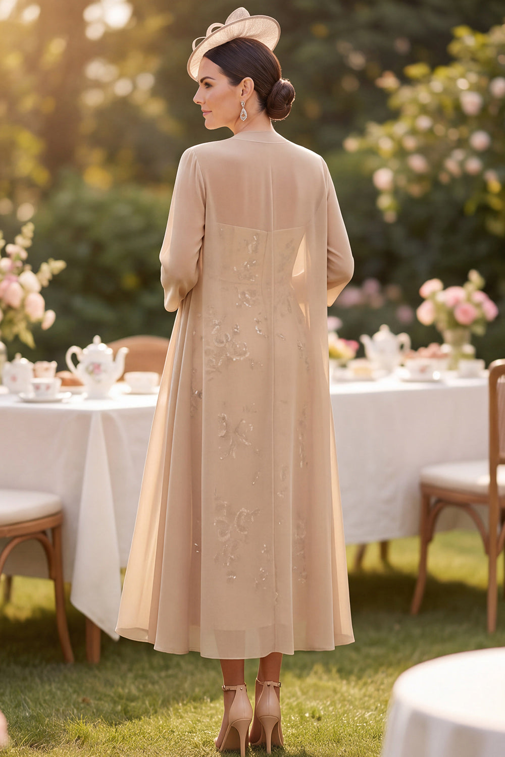 Sparkly Champagne 2-Piece Chiffon Sweetheart Floral Midi Mother of the Bride Dress