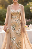 Sparkly Champagne 2-Piece Chiffon Sweetheart Floral Midi Mother of the Bride Dress