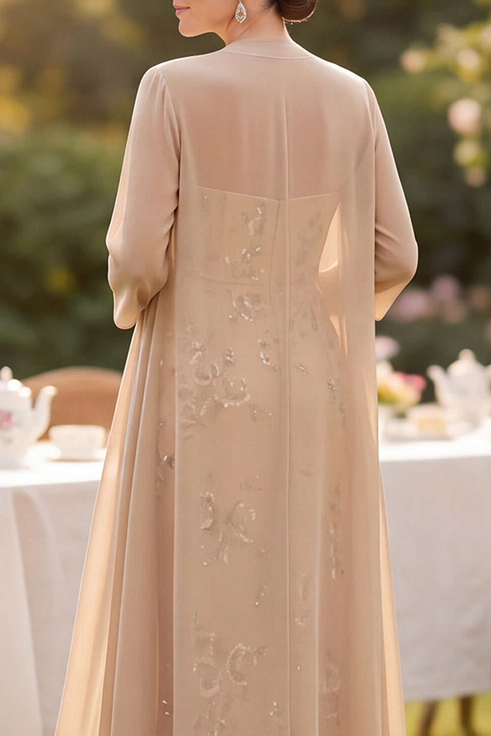 Sparkly Champagne 2-Piece Chiffon Sweetheart Floral Midi Mother of the Bride Dress