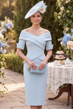Blue Bodycon Off the Shoulder Ruched Midi Mother of the Bride Dress with Sleeves