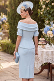 Blue Bodycon Off the Shoulder Ruched Midi Mother of the Bride Dress with Sleeves
