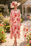 Red Flower 2-Piece Boat Neck Ruffled Beaded Midi Chiffon Mother of the Bride Dress
