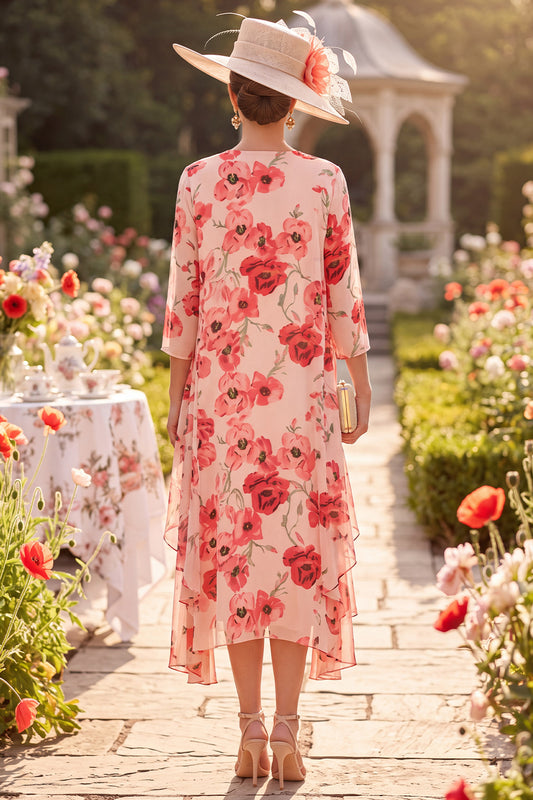 Red Flower Chiffon Bodycon Beaded 2-Piece Midi Mother of the Bride Dress with Jacket
