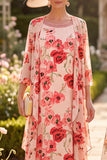 Red Flower 2-Piece Boat Neck Ruffled Beaded Midi Chiffon Mother of the Bride Dress