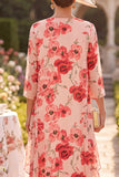 Red Flower 2-Piece Boat Neck Ruffled Beaded Midi Chiffon Mother of the Bride Dress