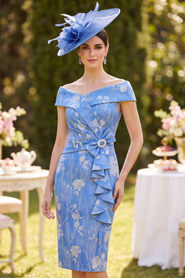 Blue Bodycon Jacquard Ruched Midi Mother of the Bride Dress with Bow