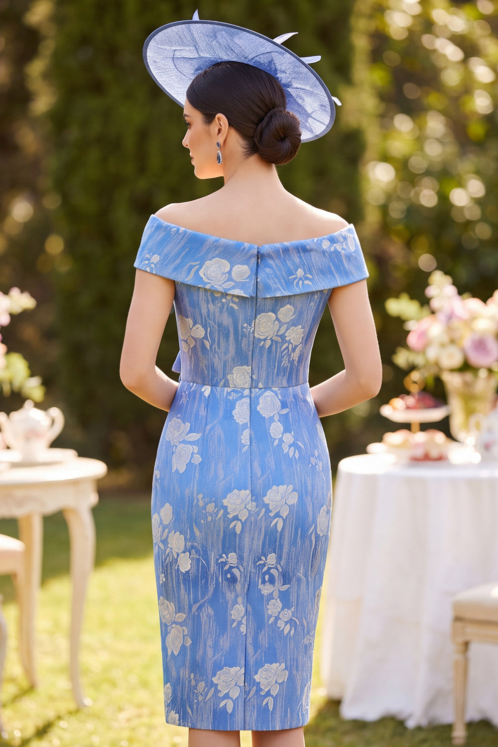 Blue Bodycon Jacquard Ruched Midi Mother of the Bride Dress with Bow