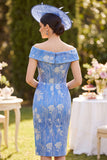 Blue Bodycon Jacquard Ruched Midi Mother of the Bride Dress with Bow