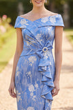 Blue Bodycon Jacquard Ruched Midi Mother of the Bride Dress with Bow