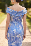 Blue Bodycon Jacquard Ruched Midi Mother of the Bride Dress with Bow