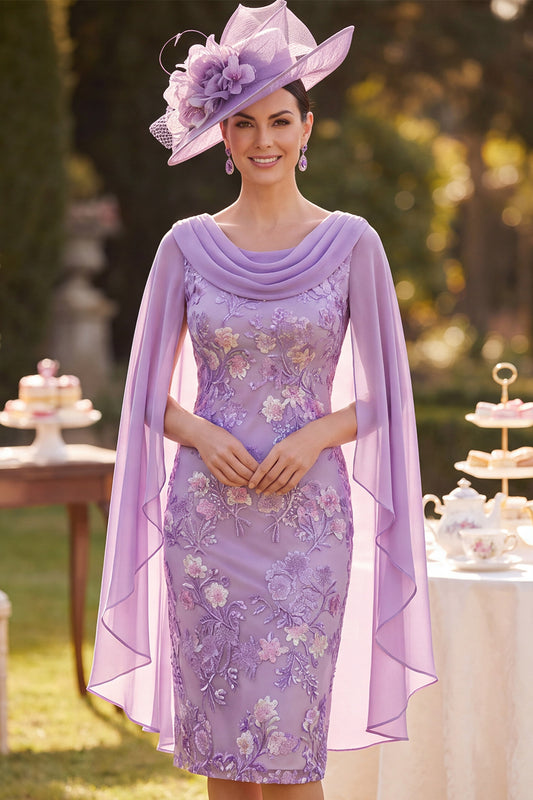 Purple Bodycon Cowl Neck Floral Midi Mother of the Bride Dress with Cape