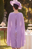 Purple Bodycon Cowl Neck Floral Midi Mother of the Bride Dress with Cape