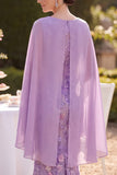 Purple Bodycon Cowl Neck Floral Midi Mother of the Bride Dress with Cape