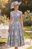 Grey A-Line Boat Neck Jacquard Ruched Midi Mother of the Bride Dress