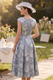 Grey A-Line Boat Neck Jacquard Ruched Midi Mother of the Bride Dress