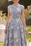 Grey A-Line Boat Neck Jacquard Ruched Midi Mother of the Bride Dress