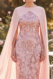 Sparkly Yellow Bodycon Sequins Floral Midi Mother of the Bride Dress with Cape
