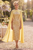 Sparkly Yellow Bodycon Sequins Floral Midi Mother of the Bride Dress with Cape