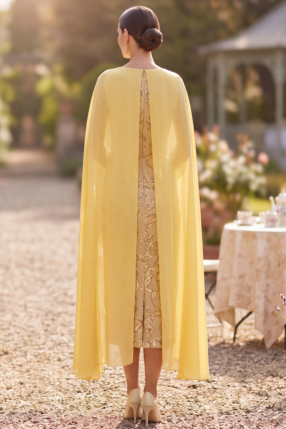 Sparkly Yellow Bodycon Sequins Floral Midi Mother of the Bride Dress with Cape