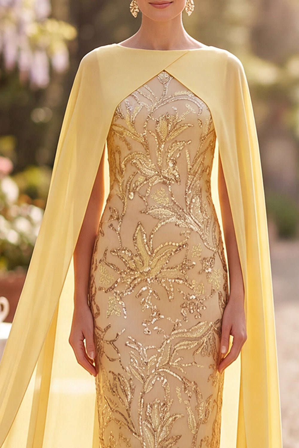 Sparkly Yellow Bodycon Sequins Floral Midi Mother of the Bride Dress with Cape
